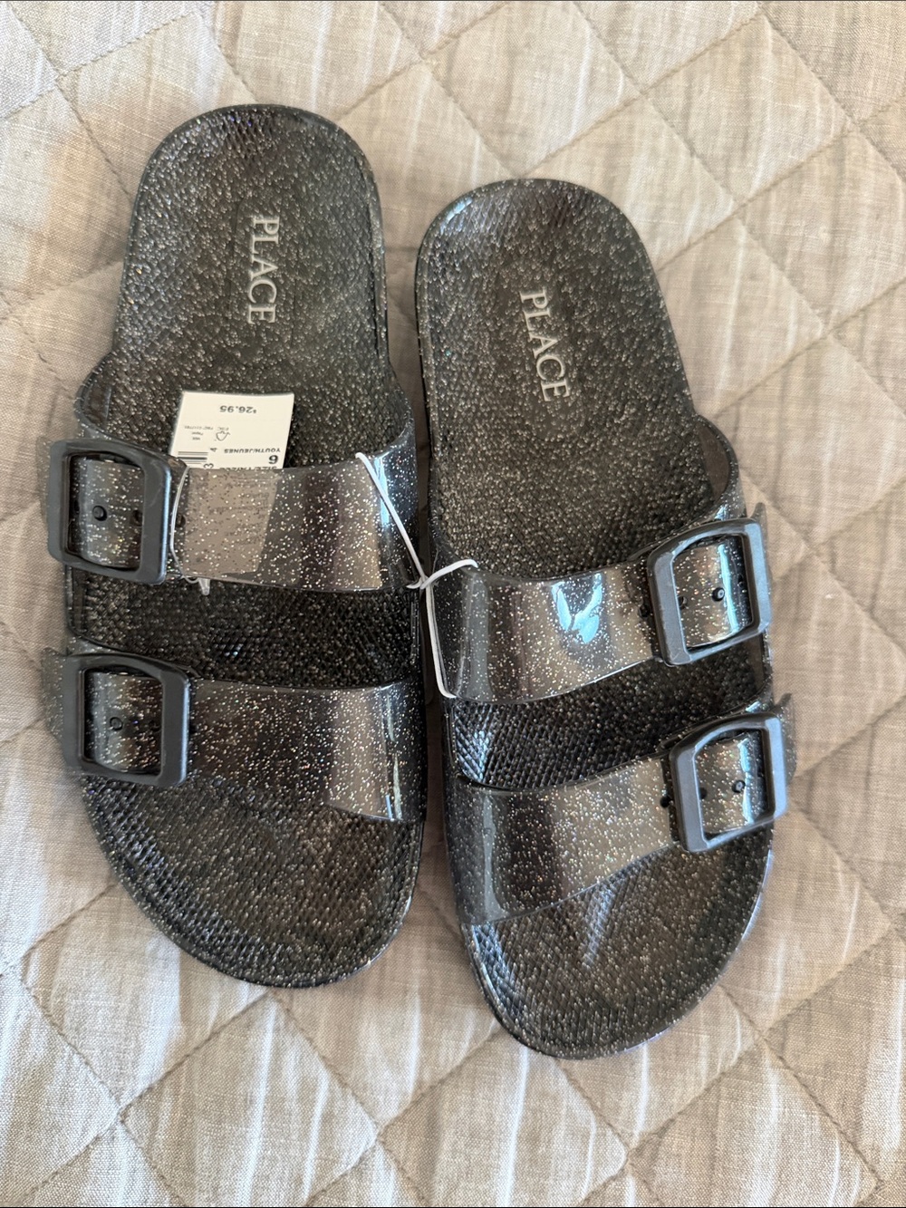 Place Kids' Glitter Double-Buckle Slide Sandals - Black